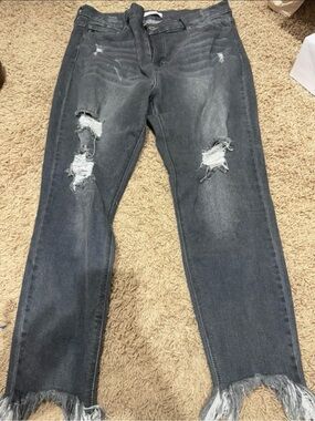 KanCan Dark Gray Distressed Straight Leg Jeans with Frayed Hem
